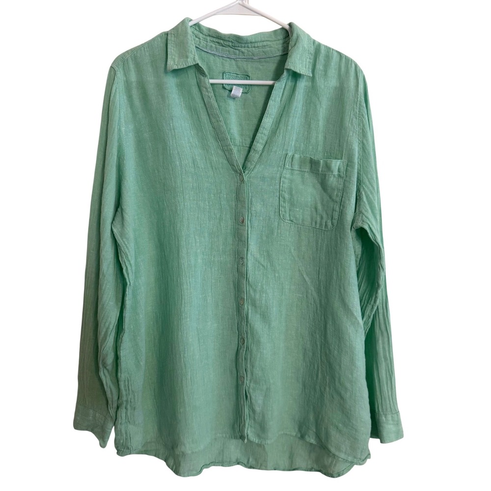 Sigrid Olsen 100% Linen Mint Green Button Front Shirt XL